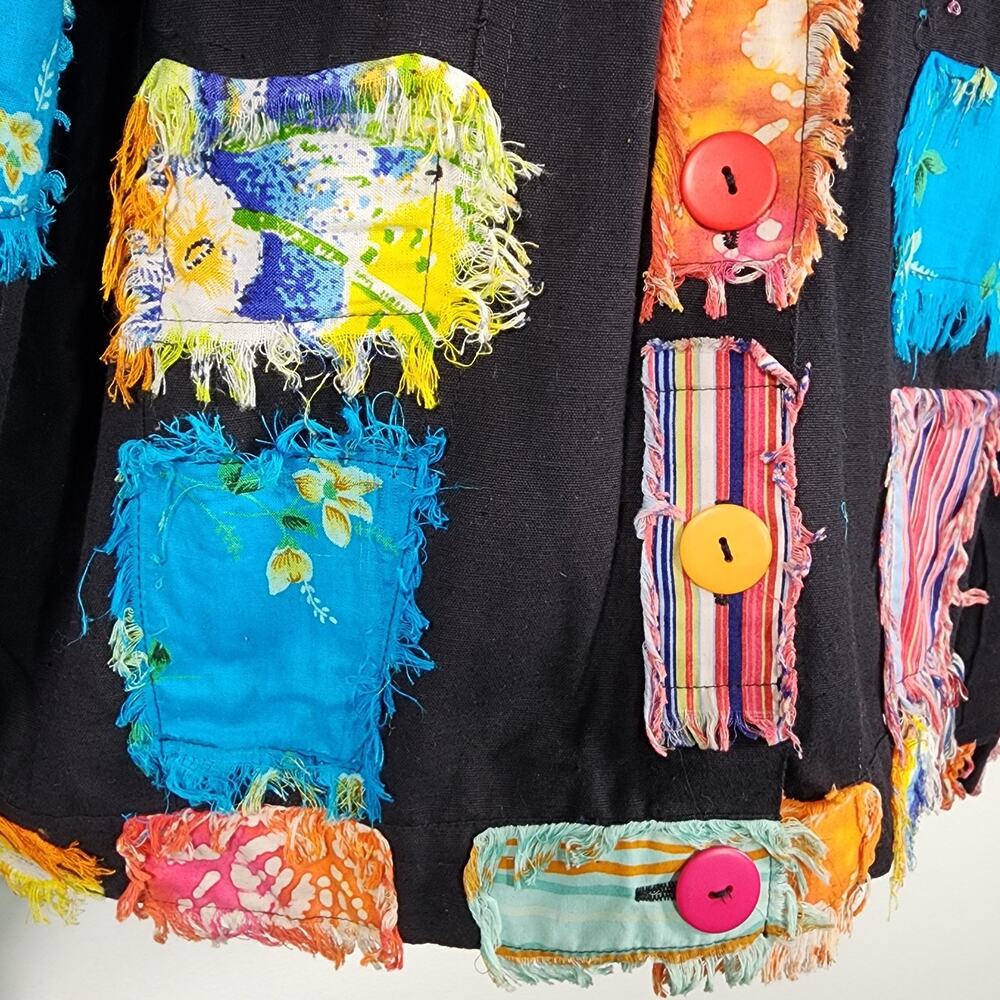Vtg New Direction Patchwork Jacket Black Cotton Button Medium Colorful Artsy 90s - Picture 7 of 12